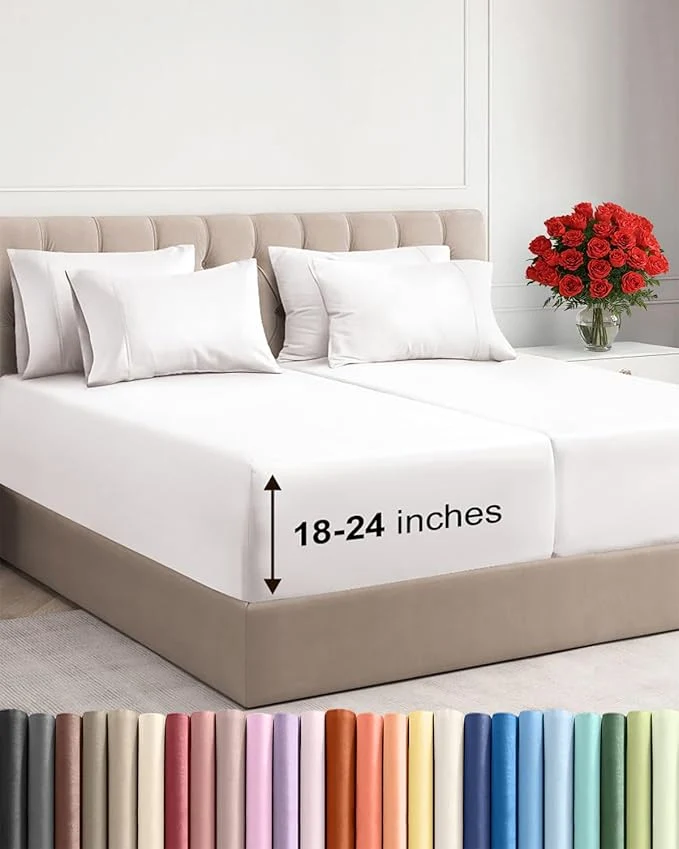 Durable Extra Deep Split King Sheet Set - 7 Piece Breathable and Cooling Sheets - Hotel Luxury Bedding for Women Men Kids amp Teens - Easy Secure Fit - Soft amp Wrinkle - Extra Deep Pockets - Antique White Original