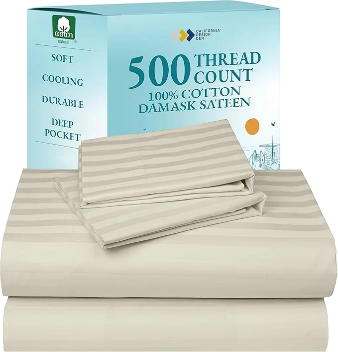 Environmentally Friendly California Design Den 4 Piece Queen Size Sheet Set - Cotton 500 Thread Count Sateen Deep Pocket Bed Sheets with Fitted Elastic Sheet Soft Luxury - Striped Ivory Verified