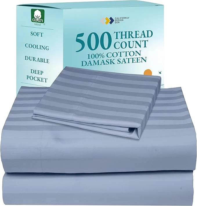 Certified California Design Den Bed Sheets Twin Size Soft Cotton Sheets Deep Pockets Elastic 500 Thread Count Sateen Damask Stripe Bedding Sheets Twin Sheets Light Blue - Striped Fine Crafted