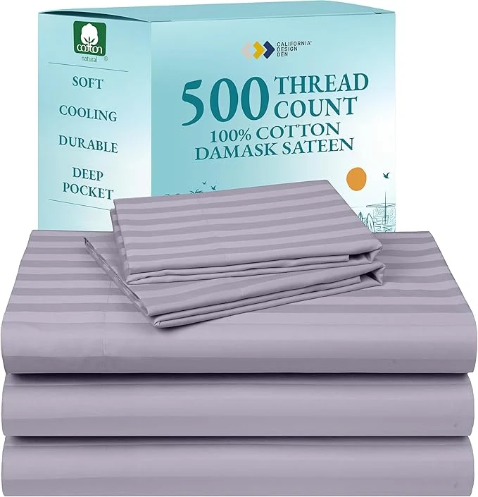 Smart Luxury Split King Adjustable Bedsheets Soft Cotton 500 Thread Count Sateen Snug Fit Set With Twin-XL Fitted Sheets Sheets For Bed In Damask Stripe Split King Stripe - Lavender Casual