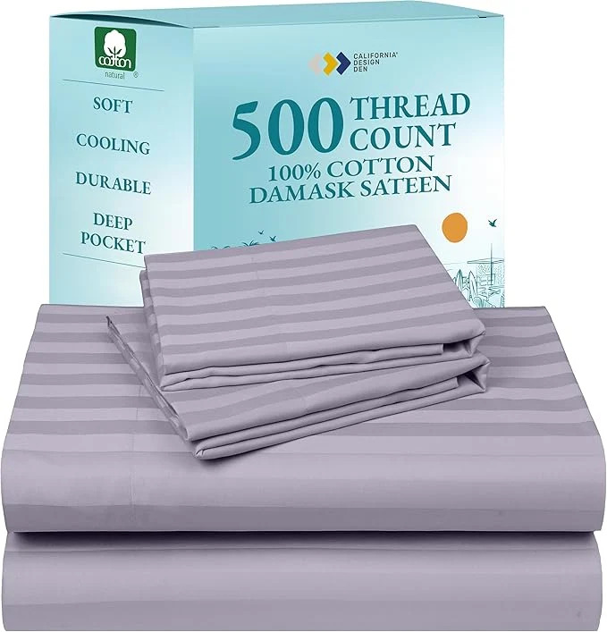 Crafted California Design Den - Deep Pocket Queen Sheet Sets Soft Cotton Sheets with Snug Fit Elastic 500 Thread Count Sateen Damask Stripe Bedding for Home Stripe - Lavender High-Quality