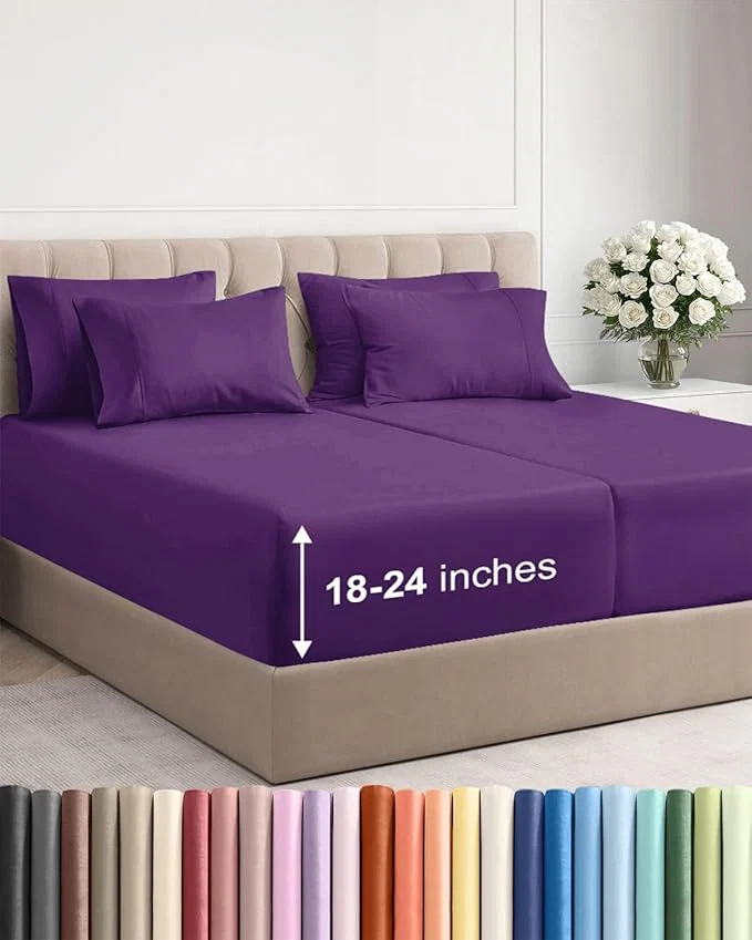 Crafted Extra Deep Split King Sheet Set - 7 Piece Breathable and Cooling Sheets - Hotel Luxury Bedding for Women Men Kids amp Teens - Easy amp Secure Fit - Soft and Wrinkle - Extra Deep Pockets - Purple High-End