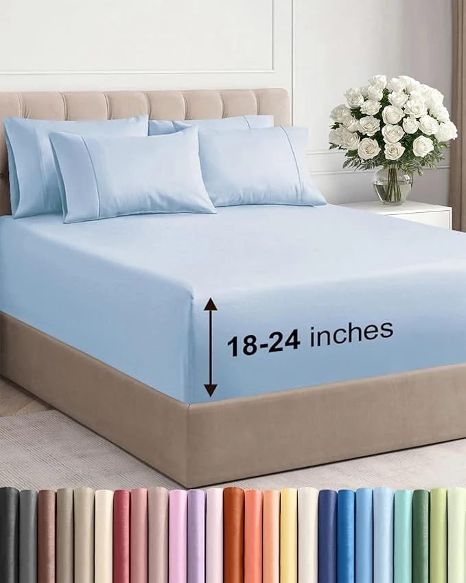 Contemporary Extra Deep Full Sheet Set - 6 Piece Breathable and Cooling Sheets - Hotel Luxury Bedding for Women Men Kids amp Teens - Easy amp Secure Fit - Soft Wrinkle and Comfy - Extra Deep Pockets - Sky Blue High-End