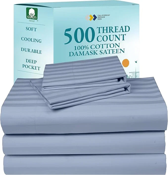 Advanced Luxury Split King Sheets Set For Adjustable Bed Cotton 500 Thread Count Sateen Snug Fit Set with Twin-XL Fitted Sheets Damask Stripe Bedsheets Split King Stripe - Light Blue Long-Lasting