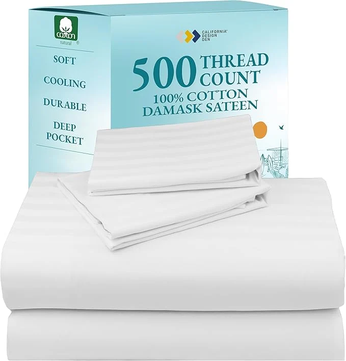 Long-Lasting California Design Den Striped Cotton Sheets for Queen Size Bed 500 Thread Count Sateen Deep Pockets Soft Luxury Bedding - Striped White Sheets Detailed