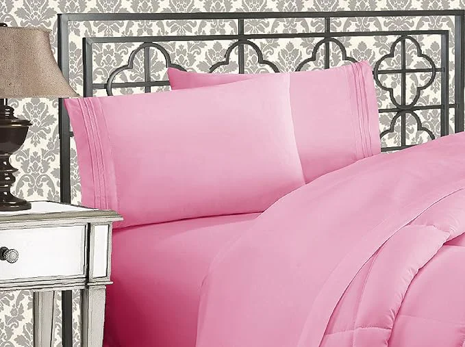 Detailed Elegant Comfort Luxurious 1500 Premium Hotel Quality Microfiber Three Line Embroidered Softest 4-Piece Bed Sheet Set Wrinkle and Fade Resistant California King Light Pink High-Performance