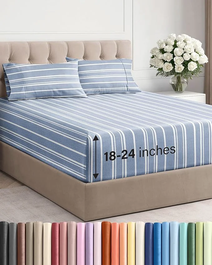 Flexible Extra Deep Twin Sheet Set - 4 Piece Breathable and Cooling Sheets - Hotel Luxury Bedding for Women Men Kids amp Teens - Easy amp Secure Fit - Soft and Wrinkle - Extra Deep Pockets - Blue Stripes Reusable