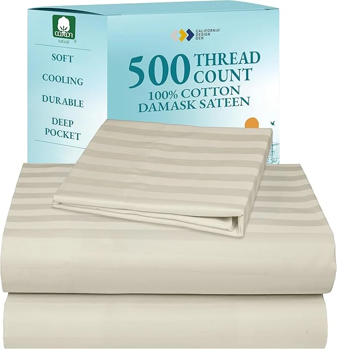 Artisan California Design Den 3 Piece Twin Size Sheet Set - Cotton 500 Thread Count Sateen Deep Pocket Bed Sheets with Fitted Elastic Sheet Soft Luxury - Striped Ivory Fine Crafted