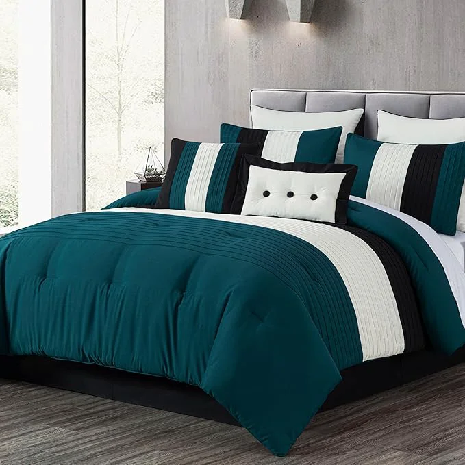 World-Class Chezmoi Collection Loft 8-Piece Oversized King Comforter Set Teal Black White Luxury Striped Bedding for All Season Consistent