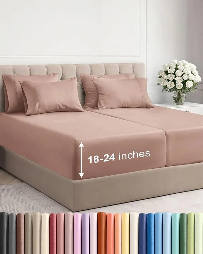 Functional Extra Deep Split King Sheet Set - 7 Piece Breathable and Cooling Sheets - Hotel Luxury Bedding for Women Men Kids amp Teens - Easy Secure Fit - Soft Wrinkle amp Comfy - Extra Deep Pockets - Mauve Refined