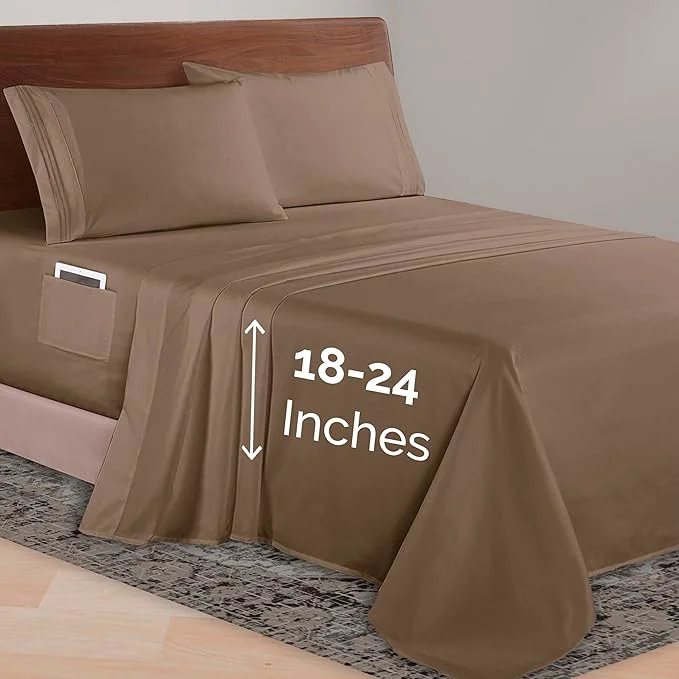Reliable Elegant Comfort Luxurious 1500 Premium Hotel Quality Microfiber 4-Piece Sheet Set 18-24 Inches Deep - Extra Deep Pocket Sheets - Ultra Soft 4PC Deep Pocket Sheets Full Taupe