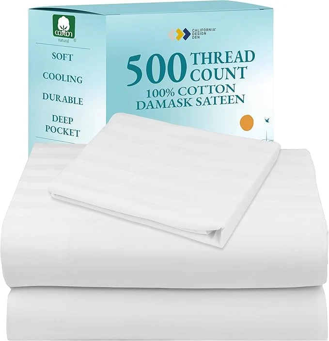 Original California Design Den Twin XL Size Sheet Set - Cotton 500 Thread Count Sateen Deep Pocket Bed Sheets with All Around Elastic Soft Luxury - Striped White Powerful