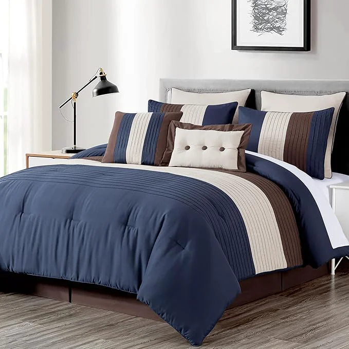 Unique Chezmoi Collection Loft 8-Piece Oversized King Comforter Set Midnight Blue Brown Coffee Cream Luxury Striped Bedding for All Season Authentic