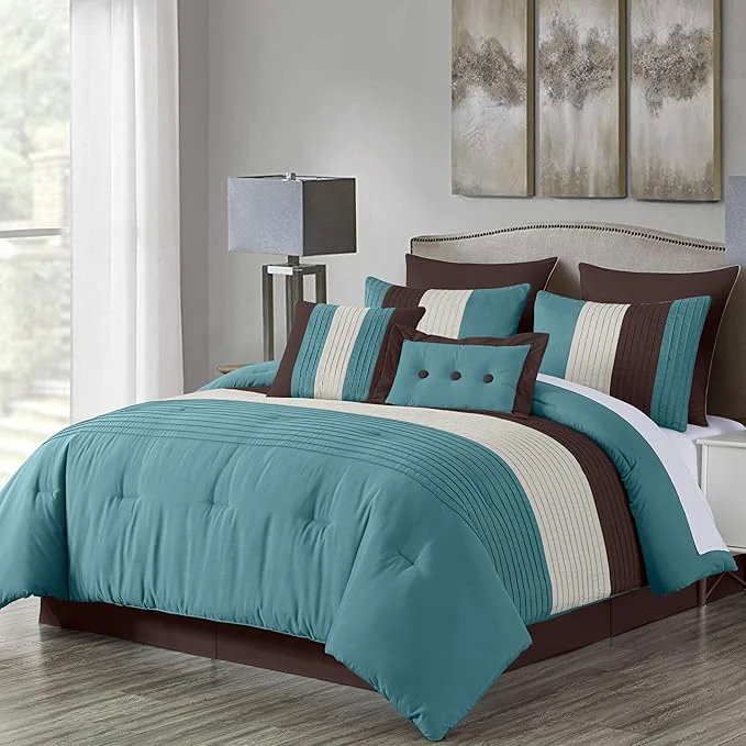 Solid Chezmoi Collection Loft 8-Piece Luxury Striped Comforter Set Full Blue Beige Chocolate Brown Detailed