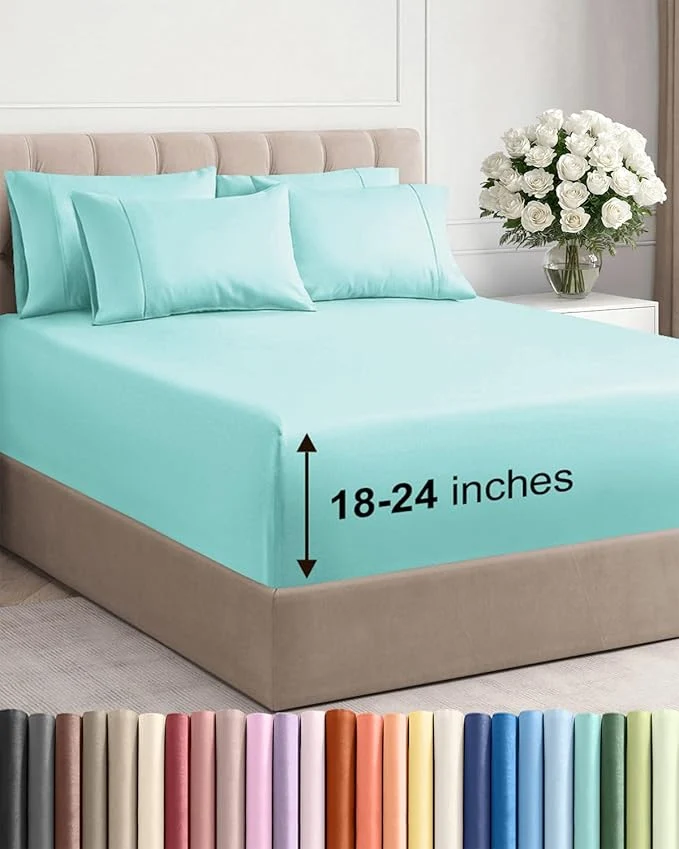 Practical Extra Deep Cal King Sheet Set - 6 Piece Breathable and Cooling Sheets - Hotel Luxury Bedding for Women Men Kids amp Teens - Easy amp Secure Fit - Soft and Wrinkle - Extra Deep Pockets - Spa Blue Optimized