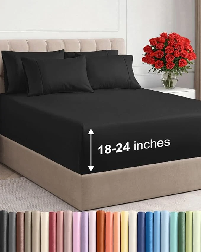 Reusable Extra Deep Full Sheet Set - 6 Piece Breathable and Cooling Sheets - Hotel Luxury Bedding for Women Men Kids amp Teens - Easy amp Secure Fit - Soft Wrinkle and Comfy - Extra Deep Pockets - Black Practical