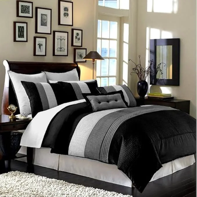 Refined Chezmoi Collection Loft 8-Piece Luxury Striped Comforter Set California King Black Gray White Outstanding