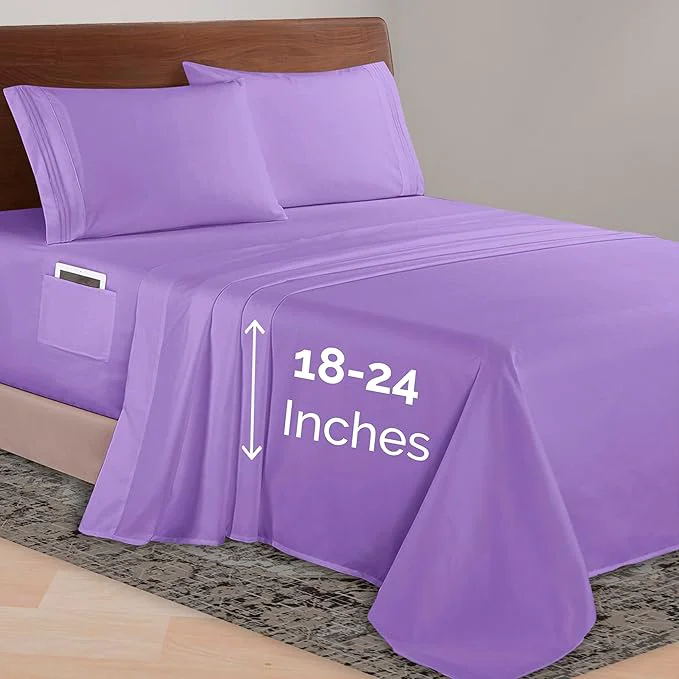 Durable Elegant Comfort Luxurious 1500 Premium Hotel Quality Microfiber 4-Piece Sheet Set 18-24 Inches Deep - Extra Deep Pocket Sheets - Ultra Soft 4PC Deep Pocket Sheets King Lavender Enhanced