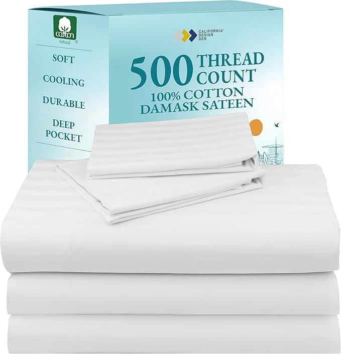 Lightweight Luxury Split King Sheets Set For Adjustable Bed Cotton 500 Thread Count Sateen Snug Fit Set with Twin-XL Fitted Sheets Damask Stripe Bedsheets Split King Stripe - White Solid