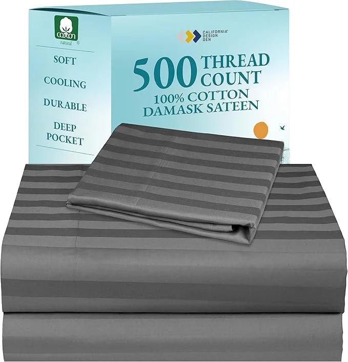 Reliable California Design Den - Luxury Bed Sheet Twin XL Soft Cotton Sheets Deep Pockets 500 Thread Count Sateen 3-Pc Set Damask Stripe Sheet Set Twin XL Sheets Grey - Striped Superior