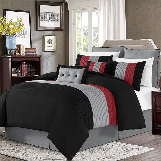 Fast Chezmoi Collection Loft 8-Piece Luxury Striped Comforter Set King Red Black Gray High-Performance