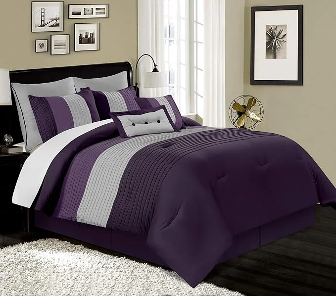 Easy-to-Use Chezmoi Collection Loft 8-Piece Luxury Striped Comforter Set California King Purple Gray Lavender Classic