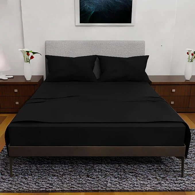 Easy-to-Use Queen Sheet Set - 4 Piece Bedding - Double Brushed Deep Pocket Cooling Queen Size Bedding Set Black Fine