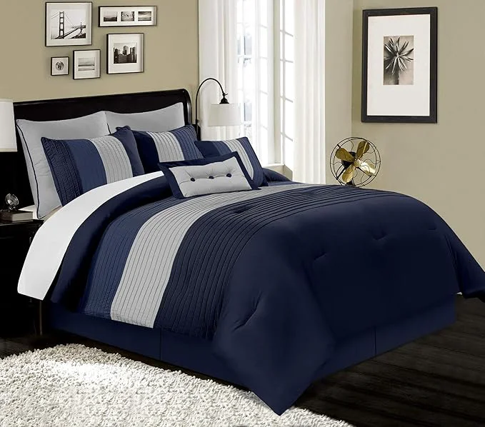 Expertly Made Chezmoi Collection Loft 8-Piece Luxury Striped Comforter Set Queen Navy Gray Blue Long-Lasting
