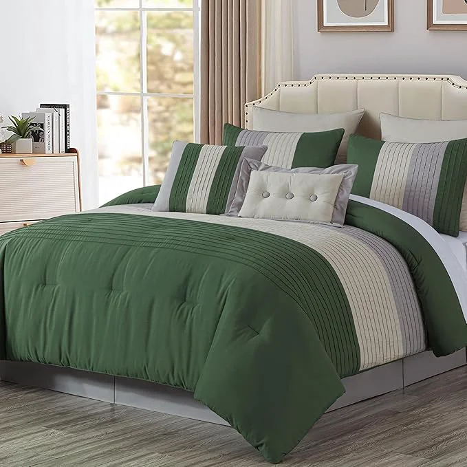 Detailed Chezmoi Collection Loft 8-Piece California King Comforter Set Forest Green Gray Cream Luxury Striped Bedding for All Season Reliable