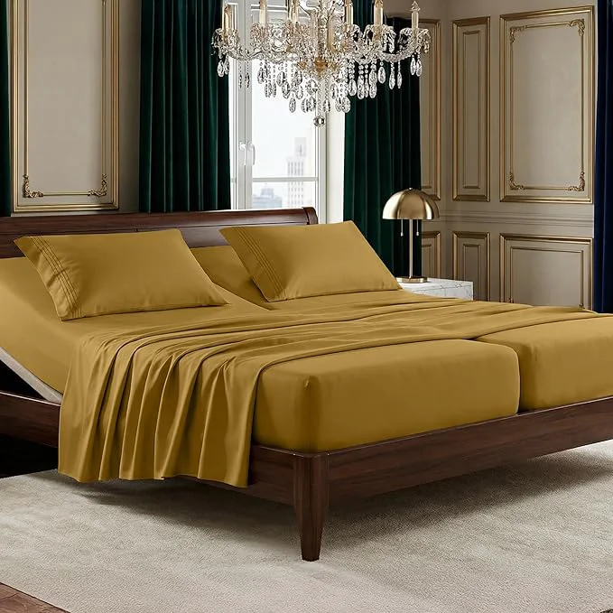 Clean Elegant Comfort Luxurious 1500 Premium Hotel Quality Microfiber Three Line Embroidered Softest 5-Piece Bed Sheet Set Wrinkle and Fade Resistant Split King Bronze Original Design