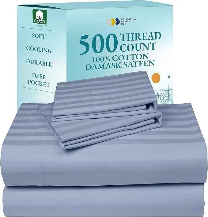 Lightweight California Design Den - Luxe Full Size Sheet Set Soft Cotton Sheets Deep Pockets Snug Fit Elastic 500 Thread Count Sateen Damask Stripe Bed Sheets Stripe - Light Blue Easy-to-Use