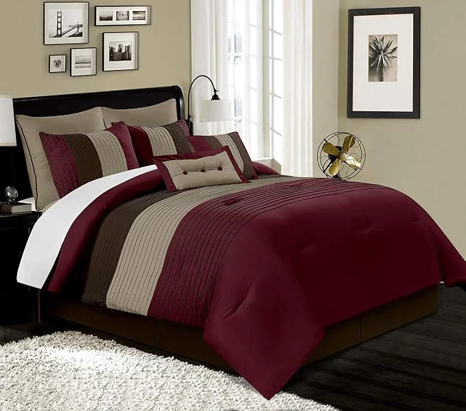 Sustainable Chezmoi Collection Loft 8-Piece Luxury Striped Comforter Set King Burgundy Coffee Brown Refined