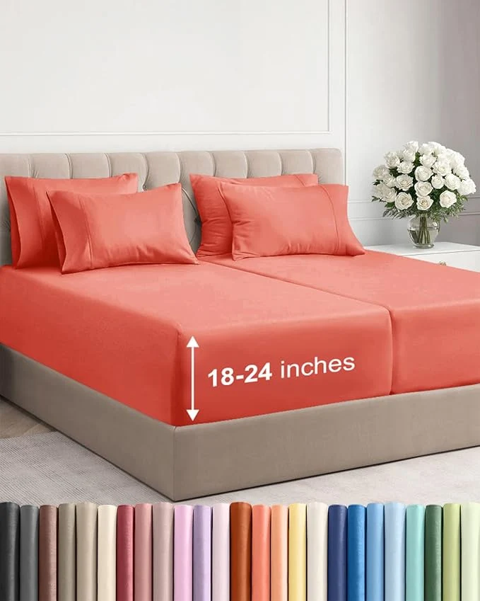 Crafted Extra Deep Split King Sheet Set - 7 Piece Breathable and Cooling Sheets - Hotel Luxury Bedding for Women Men Kids amp Teens - Easy Secure Fit - Soft Wrinkle amp Comfy - Extra Deep Pockets - Coral Pure