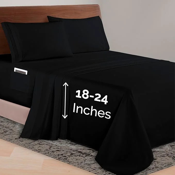 Versatile Elegant Comfort Luxurious 1500 Premium Hotel Quality Microfiber 4-Piece Sheet Set 18-24 Inches Deep - Extra Deep Pocket Sheets - Ultra Soft 4PC Deep Pocket Sheets Twin Twin XL Black Modern