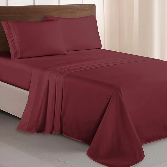 Detailed Elegant Comfort Luxurious 1500 Premium Hotel Quality Microfiber Three Line Embroidered Softest 4-Piece Bed Sheet Set Wrinkle and Fade Resistant Twin Twin XL Burgundy Trendy