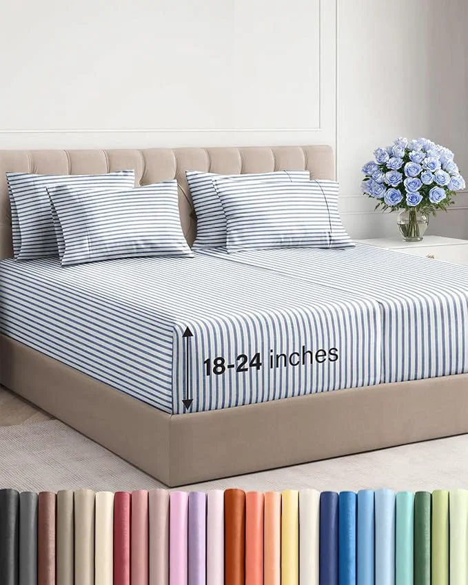 Fine Extra Deep Split King Sheet Set - 7 Piece Breathable and Cooling Sheets - Hotel Luxury Bedding for Women Men Kids amp Teens - Secure Fit - Soft and Wrinkle with Extra Deep Pockets - Blue Stripes