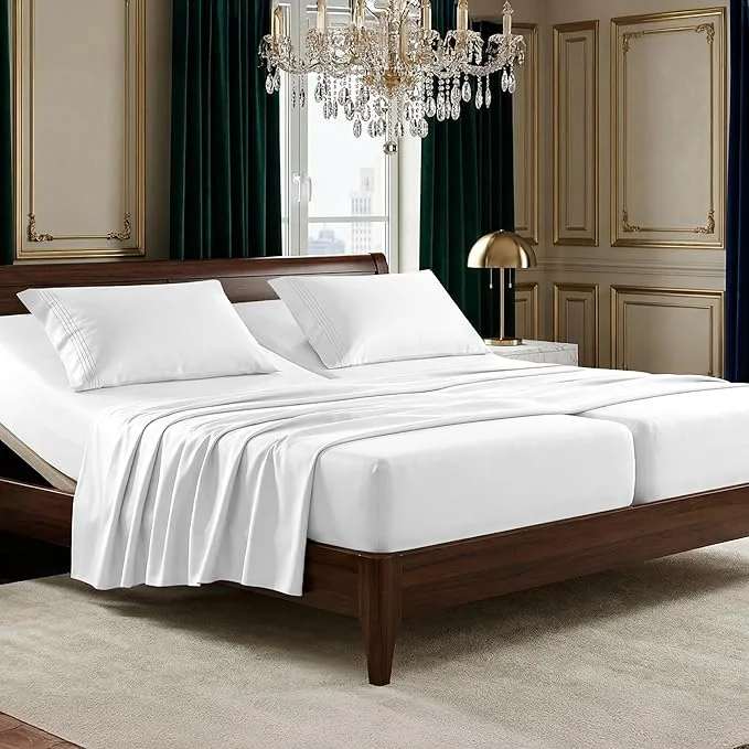 Expertly Made Elegant Comfort Luxurious 1500 Premium Hotel Quality Microfiber Three Line Embroidered Softest 5-Piece Bed Sheet Set Wrinkle and Fade Resistant Split King White Elite