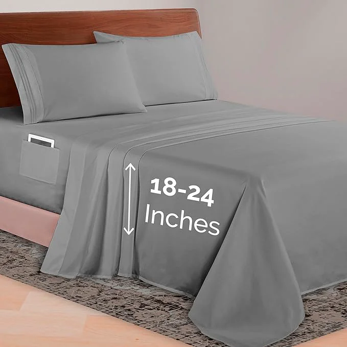 Powerful Elegant Comfort Luxurious 1500 Premium Hotel Quality Microfiber 4-Piece Sheet Set 18-24 Inches Deep - Extra Deep Pocket Sheets - Ultra Soft 4PC Deep Pocket Sheets King Gray Superior