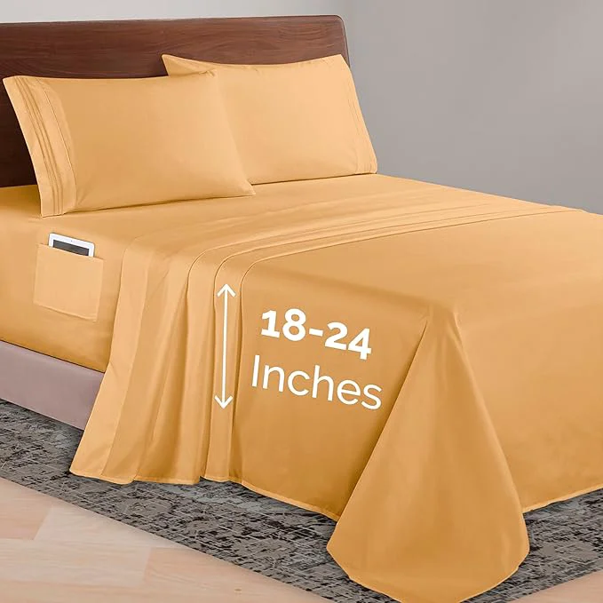 Optimized Elegant Comfort Luxurious 1500 Premium Hotel Quality Microfiber 4-Piece Sheet Set 18-24 Inches Deep - Extra Deep Pocket Sheets - Ultra Soft 4PC Deep Pocket Sheets King Camel-Gold Breathable