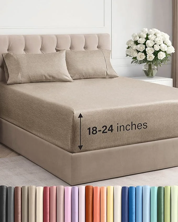 Premium Material Extra Deep Twin XL Sheet Set - 4 Piece Breathable and Cooling Sheets - Hotel Luxury Bedding for Women Men Kids amp Teens - Easy Secure Fit - Soft amp Wrinkle - Extra Deep Pockets - Heathered Beige Efficient