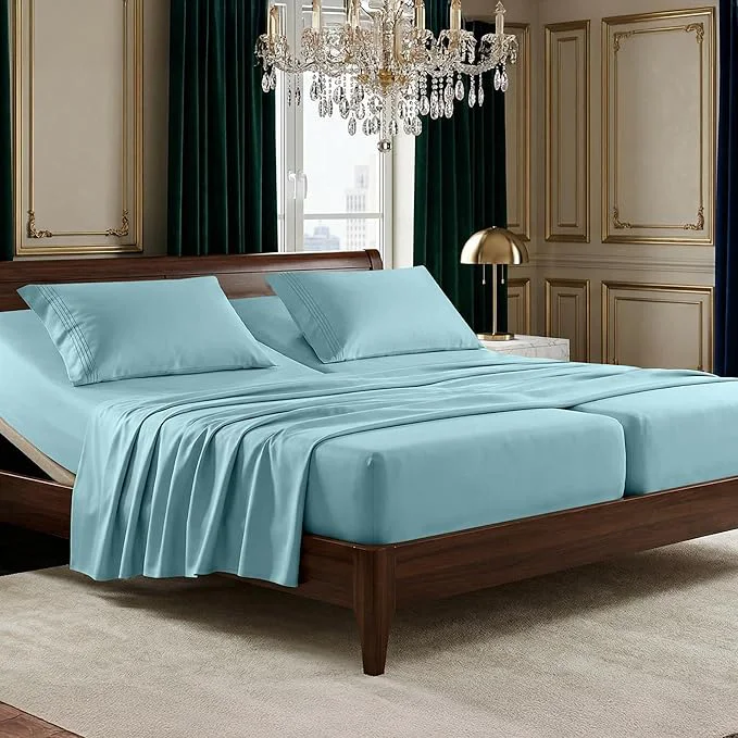 Original Design Elegant Comfort Luxurious 1500 Premium Hotel Quality Microfiber Three Line Embroidered Softest 5-Piece Bed Sheet Set Wrinkle and Fade Resistant Split King Aqua Minimalist