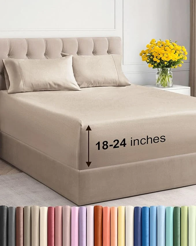 Stylish Extra Deep Twin XL Sheet Set - 4 Piece Breathable and Cooling Sheets - Hotel Luxury Bedding for Women Men Kids amp Teens - Easy amp Secure Fit - Soft Wrinkle and Comfy - Extra Deep Pockets - Wheat Advanced