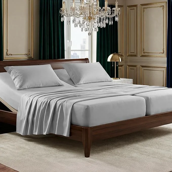 Outstanding Elegant Comfort Luxurious 1500 Premium Hotel Quality Microfiber Three Line Embroidered Softest 5-Piece Bed Sheet Set Wrinkle and Fade Resistant Split King Silver