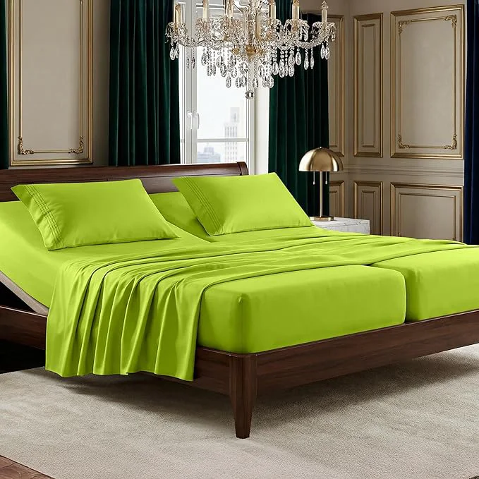 Expertly Made Elegant Comfort Luxurious 1500 Premium Hotel Quality Microfiber Three Line Embroidered Softest 5-Piece Bed Sheet Set Wrinkle and Fade Resistant Split King Lime Pure