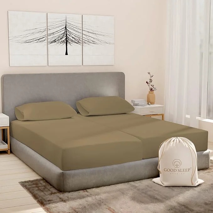 Safe Good Sleep Bedding Split King Sheets Sets for Adjustable Bed Cotton Luxury Sheets Egyptian Cotton 5 Piece Cotton Split King Sheet Set Sateen Weave 2 Fitted - 16 quot Deep Pocket Taupe Natural