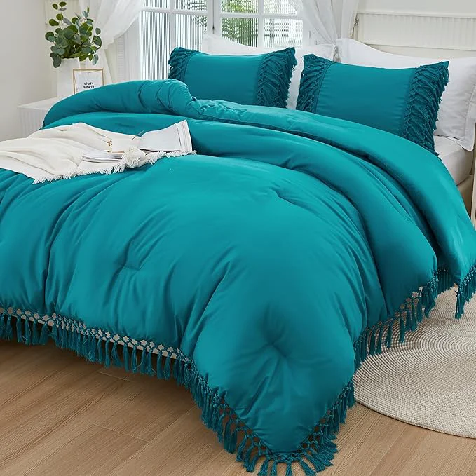 Excellent Andency Turquoise Comforter Set King 3 Pieces Boho Tassel Lightweight Soft Bedding Comforter Sets for King Bed All Season Fluffy Fringe Bed Set 104x90In Comforter amp 2 Pillowcases Long-Lasting