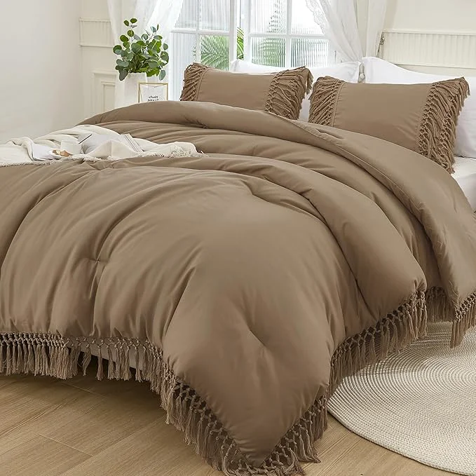 Elegant Andency Taupe Comforter Set King 3 Pieces Boho Tassel Lightweight Soft Bedding Comforter Sets for King Bed All Season Fluffy Fringe Bed Set 104x90In Comforter amp 2 Pillowcases Eco-Friendly