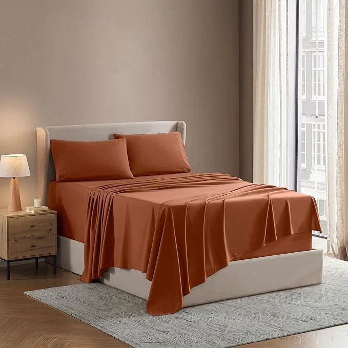 Fast Nestl Short Queen Sheet Set - 1800 Ultra-Soft Microfiber - Double Brushed - Deep Pockets - Easy Fit - 4 Piece Set - Bed Sheets Short Queen Rust Exceptional
