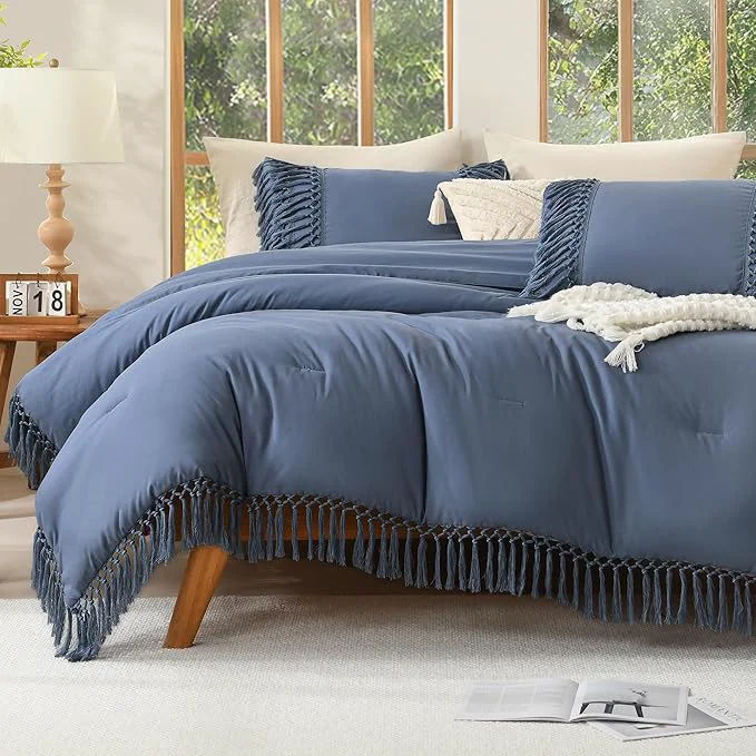 Next-Generation Andency Comforter King Size Set Bluish Grey 3 Pieces Boho Tassel Lightweight Fluffy Bedding Comforters amp Sets Soft All Season Bed Set 104x90In Comforter amp 2 Pillowcases Original