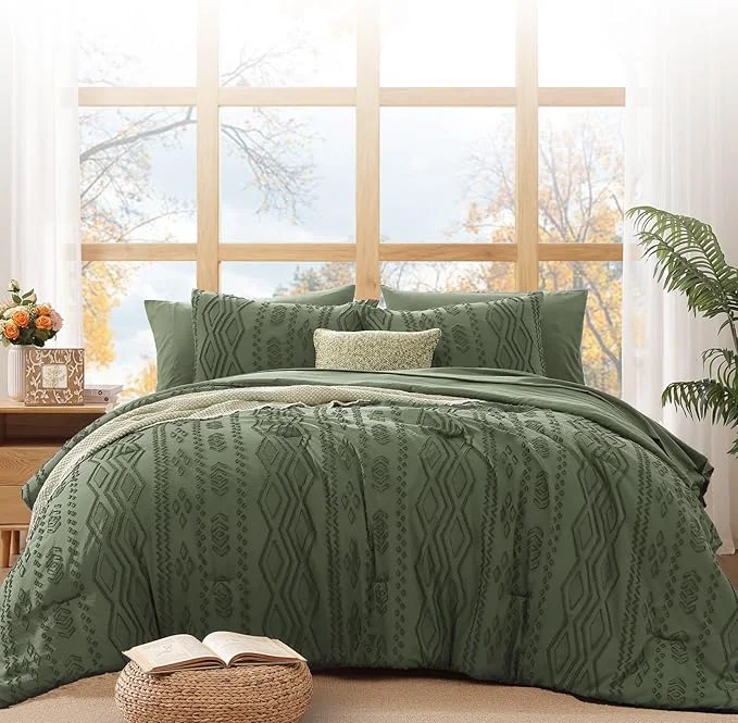 Eco-Friendly WRENSONGE California King Size Comforter Set with Sheets - 7 Pieces Olive Green Tufted Bed in a Bag California King Shabby Chic Bedding Sets with 1 Comforter 2 Sheets 2 Pillowcases amp 2 Shams Outstanding